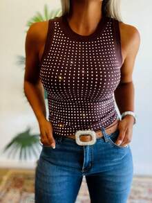 ChicMe Women Rhinestone Decor O Neck Sleeveless Tee Slim Fit Ribbed Tank Top Sparkly Date Party Night Streetwear - Coffee Brown - View 10