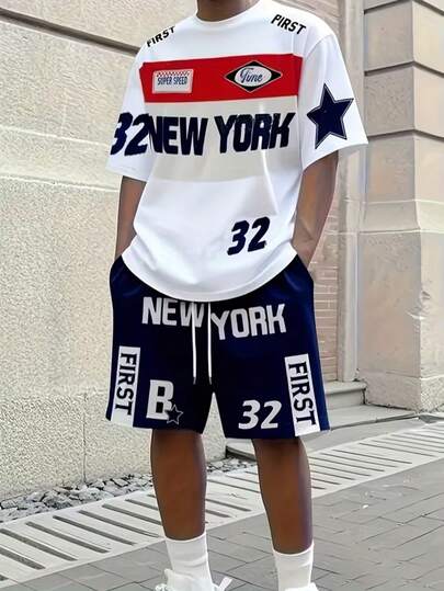 Bộ đồ nam mới, áo thun ngắn tay in chữ và quần short, phong cách đường phố thời trang, phù hợp mặc hàng ngày, đồ thể thao cho nam giới năng động.
