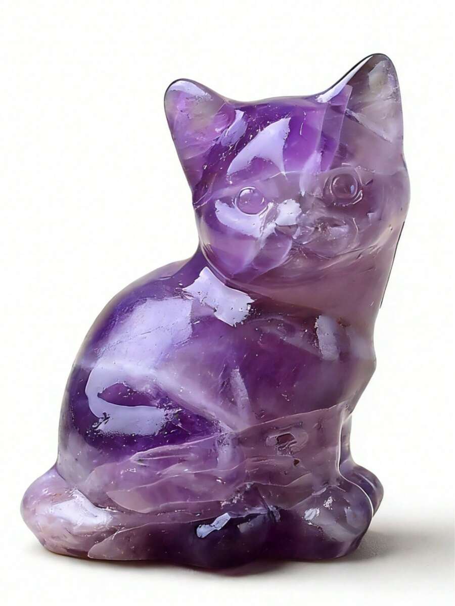 CUPIDCRYSTAL Natural Amethyst Carved Cat Figurine, Perfect Valentine's Day Gift, Healing Crystal Decor, Crystal & Stone - Multicolor - View 1