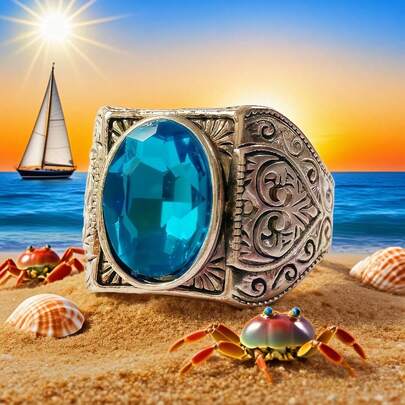 Vintage Men's Handmade Blue Cubic Synthetic Zirconia Ring Vintage Creative Elegant Wide Edge Vintage Comfortable, Suitable For Daily Wear, Suitable For Christmas Birthday Gift