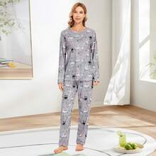 ¡Recomendado2 Piezas Pijama con Estampado Mujer, Algodon Manga Larga y Pantalones con Bolsillo Conjunto de Pijama, Casual Ropa de Dormir¡Top de Temporada - Negro - Ver 7
