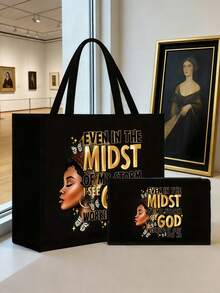 两件套轻便手提包和配套化妆包，“即使在风暴中”人像印花，易清洁面料，带多个口袋，适合购物、旅行、海滩、教师节礼物等场合，女士大容量亚麻手提包。这款便携休闲收纳手提包设计新颖，容量大，是理想的购物袋。 - 彩色 - 查看 14