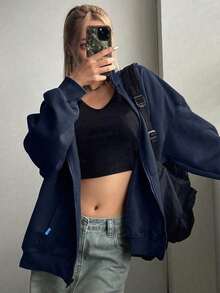 1件青少年女孩時尚蜘蛛印花連帽夾克，百搭休閒運動衫，適合通勤、上學、日常穿著、運動，秋冬款 - 藏蓝色 - 查看 2