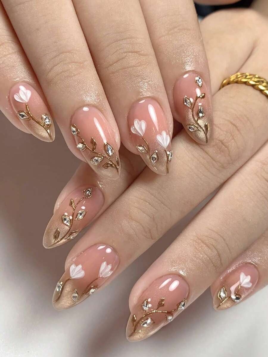 Y2K Style Floral Acrylic False Nails, 10pcs Medium-Long Almond Shape, DIY Nail Art Cat Eye Effect, 3D Rhinestone Decor, Suitable For Nail Salons, Girls & Ladies For Daily Wear And Holiday Parties - Multicolor - View 1