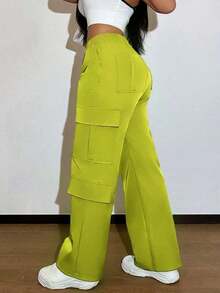 Solid-Color Multi-Pocket Buttoned Casual Y2K Leisure Elegant And Cute Work Pants.Suitable For Back-To-School, Clubs, Birthday Parties, Halloween, New Year, Thanksgiving, Concerts, Gyms, Beaches, Vacations, Business, Daily Airport Wear, Street Style, Teacher's Day, Spring, Summer, Autumn And Winter. - 檸檬綠 - 查看 11