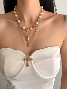 4件套波西米亚风十字架心形吊坠仿珍珠串珠项链，优雅奢华，适合日常休闲、派对、婚礼、情侣约会、女士节日生日等场合，百搭饰品礼品。 - 項鍊 - 查看 13