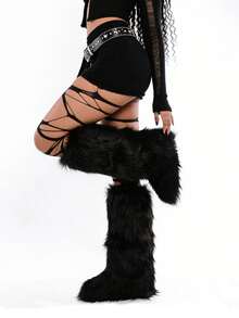Furry Fluffy Women Mid Calf Boots Warmplush Knee High Flats Luxury Fashion Punk Goth Cosplay Women Winter Shoes For Halloween - màu đen - Xem 6
