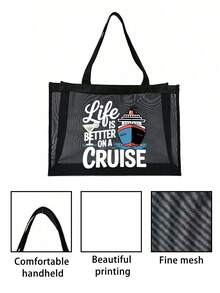 Nautical Style "Cruising Life Is Better" Mesh Tote Bag Set, Cruise Ship Theme, Reusable Lightweight Fabric Shoulder Bag With Portable Makeup Bag, Suitable For Daily Commuting, Travel, And Holiday Parties,Camping, Cruise Vacations, Beach, Ocean And Everyday Use, A Gift For Cruise Enthusiasts - Multicolor - View 9