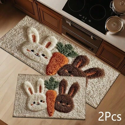 2D Rabbit And Carrot Flat Print Pattern Rug, Soft And Durable Washable Floor Mat For Entryway, Porch, Indoor - Living Room, Bathroom, Bedroom, Game Room, Laundry Room, Dorm Decor