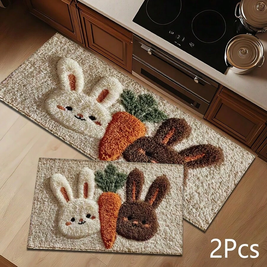 2D Rabbit And Carrot Flat Print Pattern Rug, Soft Washable Floor Mat For Entryway, Porch, Indoor - Living Room, Bathroom, Bedroom, Game Room, Laundry Room, Dorm Decor - Multicolor - View 1