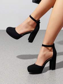 Women's Platform Chunky High Heels Closed Toe Block Ankle Strap Dress Bridal Party Wedding Shoes - Nubuck đen - Xem 1