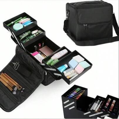 Extra Large Professional Makeup Case With 4 Trays & Nail Storage Organiser & Shoulder Strap For Travel