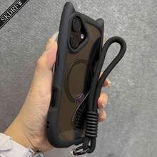 Ins Style Simple Japanese And Korean Cute 3D Cartoon Cat Ears Transparent Acrylic With Cat Tail Magnetic Ring Phone Case With Lanyard Compatible With IPhone 17 17air 17pro 17promax 16 16plus 16pro 16promax 16e 15 15pro 15promax 14 14pro 14promax 13 13pro 13promax 12 12pro 12promax 11, Supports Wireless Charging - 黑色 - 查看 3
