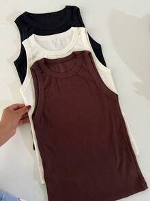 Women's Plain Basic Ribbed Cotton Tank Top, American Style, Summer Blogger Style, Cotton - PLAIN BLACK - View 3