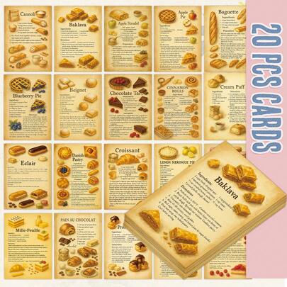 20 Sheets French Dessert Recipes Cards, Pastry Cookbook Step And Image, Suitable For Baking Enthusiasts, Ins Photo Props, Dessert Menu Cards, Wall Decorations And Postcards