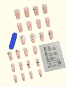 Enhance Your Look 24Pcs 3D White Bowknot Press On Nails Extra Long Coffin AB Heart Rhinestone Pearl Nude Jelly Fake Nails With Rhinestone Shine Reusable False Nails For Holiday Wear,Parties,Friends,Dates,Daily Wear. Set Includes: 1pc Jelly Gel And 1pc Nail File. - Multicolor - View 3