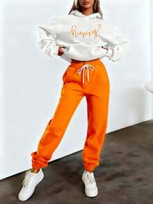 2026 LC Fashion Comfortable Classic Happy Letter Print Plus Size Women's Sports, Suitable As A Family And Friends Casual Daily Wear Hoodie Autumn And Winter, Unisex, Fall Clothes Plus Size, Sweatshirt, Fall Clothes Women,, Vacation Outfits Women, Valentine's Gifts, Summer Outfits Tops - 白色+橙色 - 查看 8