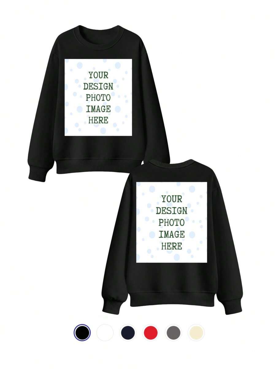 Oversized Custom Sweatshirt For Men Women Unisex | Personalized Double Sided Print, Plus Size Pullover, Add Your Image Photo Design, Solid Crew Neck, Long Sleeve, Soft Comfortable Casual Workout Sportswear - màu đen - Xem 1