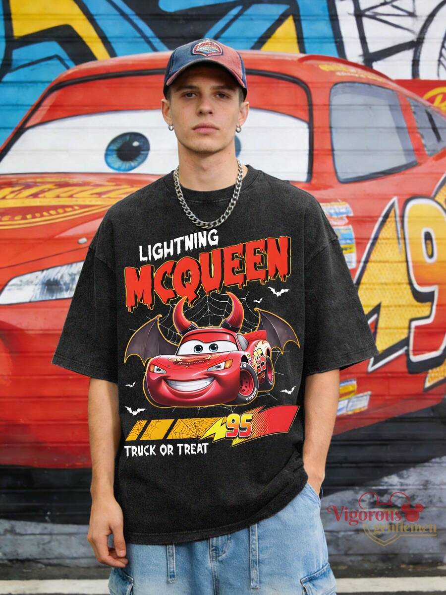 Disney Lightning McQueen Halloween Bat Vintage Washed T-Shirt - Black - View 1
