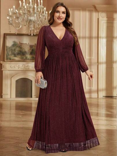 EVERPRETTY 大码优雅深V领长袖正式晚礼服，酒红色，适合春夏婚礼宾客、宴会、派对等场合。