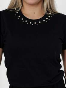 Cotton T-Shirt Blouse With Application Of Various Pearls - Various Colors - 黑色 - 查看 10