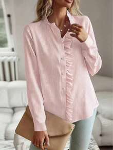 Blusa casual de mujer con volantes y rayas - Rosa vieja - Ver 3