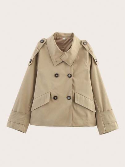 女式纯色双排扣短款风衣，春秋