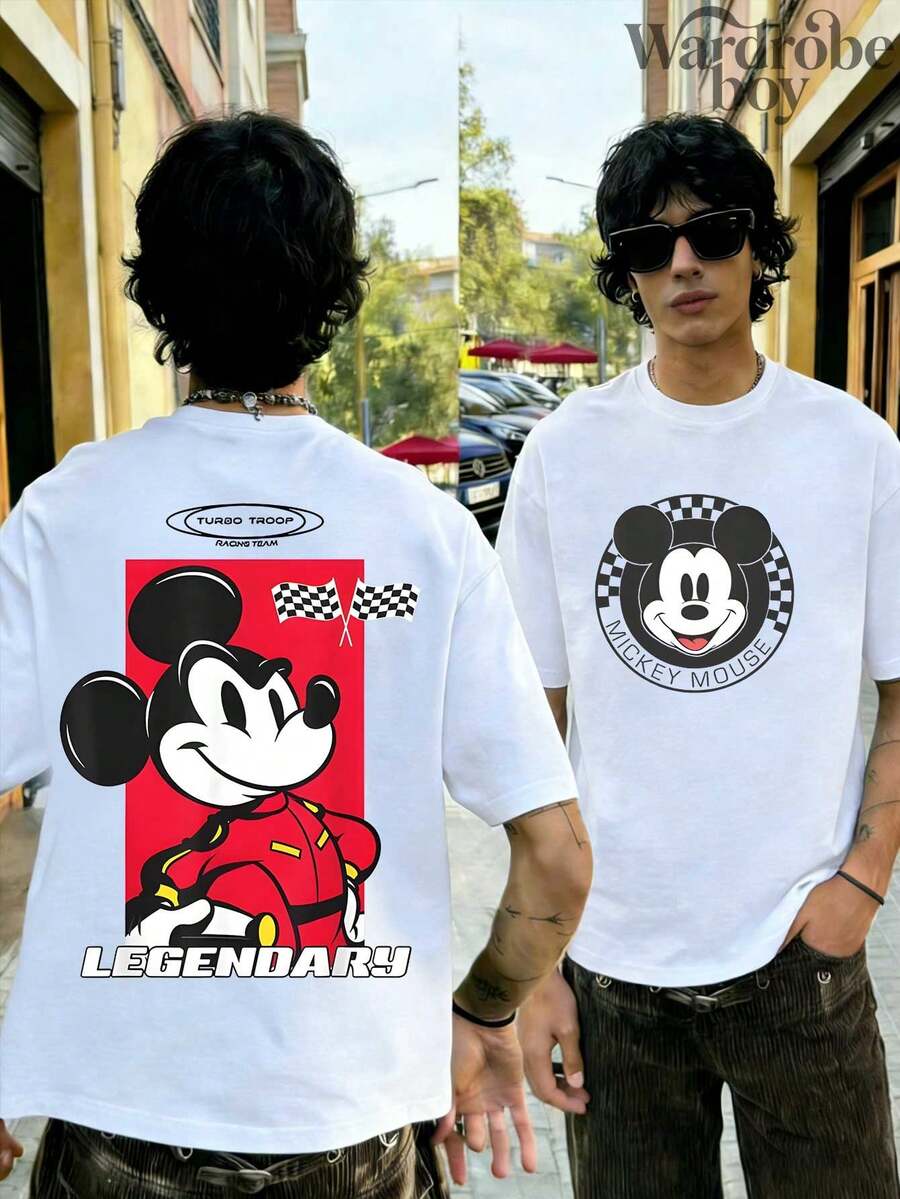 Disney Printed T-Shirt,Men'sMickey Racing T-Shirt, Classic Mickey Mouse T-Shirt, Disney Racing Sports T-Shirt, Cartoon T-Shirt With Front And Back Prints, Disney Travel Gift,Unisex,High-Quality Pure Cotton T-Shirt,Suitable For All Seasons, Comfortable And Breathable| Exquisite Design | The Best Choice For Giving Gifts - 白色 - 查看 1