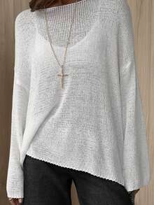 女士新款白色圆领落肩长袖镂空半透明套头毛衣，时尚休闲宽松性感简约百搭休闲外出套头衫，春夏款 - 白色 - 查看 4