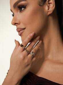 Altistry 1 Set Of 3 Vintage Gold & Coffee Color Rings, Fashionable High-End Unique Open Ring Set For Women - 3892 Set - View 2