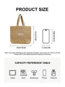 Dior 夏季草编购物袋，米白色经典款，2026春夏新款。旅行必备。化妆包，法式慵懒风 - 金色 - 查看 2