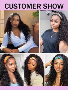 湿润波浪卷发带假发，真人发，无需发胶，卷曲发带假发，女士款，180%密度，无蕾丝前额假发，真人发，日常佩戴，无胶假发，自然黑 - Natural Black - 查看 6