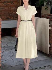 French Style Retro Lapel Single-Breasted Waisted Simple Shirt Dress, Summer Elegant - Apricot - View 2