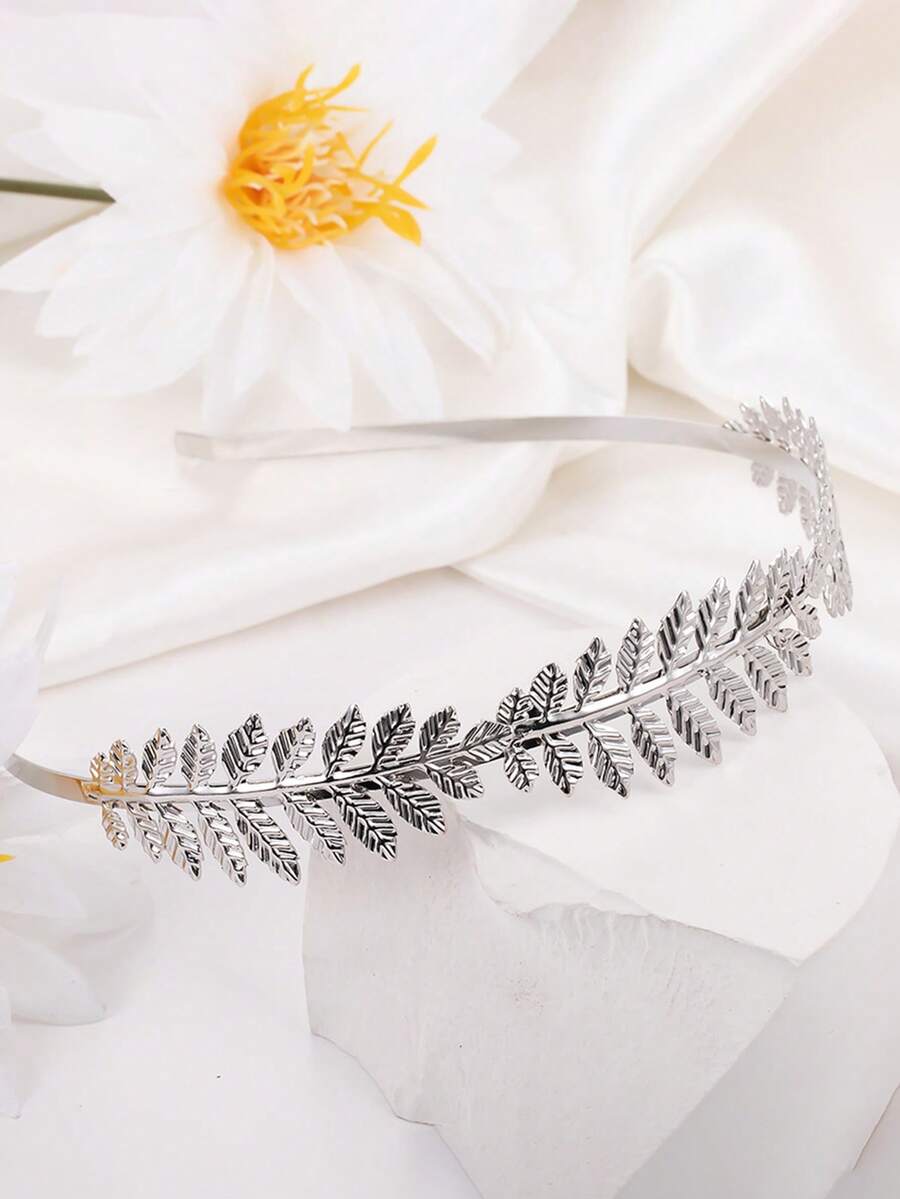 1件时尚头饰，复洛克风格金色叶子节日发箍发饰 - 銀色 - 查看 1