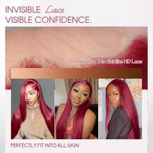 13x4 透明蕾丝前假发，真人前额发丝，99j 酒红色，200 密度，仿真肤色，高清全蕾丝前假发，混合发丝，预先拔毛，漂白发结，直发假发，28 英寸 - SBUG - 查看 5