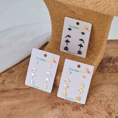 4 Pairs / Sets Of Shark/Dolphin/Octopus Stainless Steel Earrings, Featuring A Marine Life Theme. The Overall Design Is Petite And Exquisite, Suitable For Daily Wear.