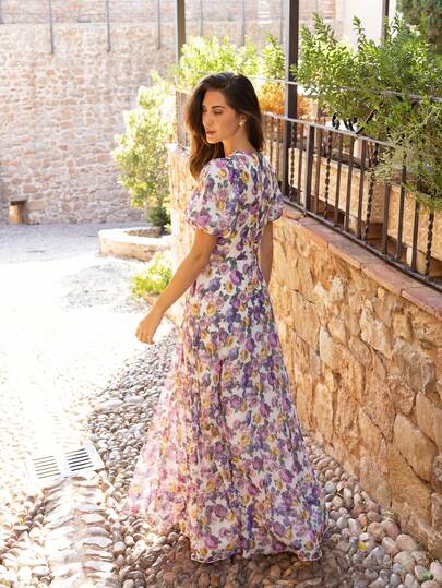 Faeriesty Vestido de noche de gasa elegante estampado, diseño de corbata de cuello redondo, mangas abullonadas, silueta ceñida en la cintura, falda fluida - Perfecto para fiestas de jardín, bodas al aire libre y citas románticas. Fiesta de primavera
