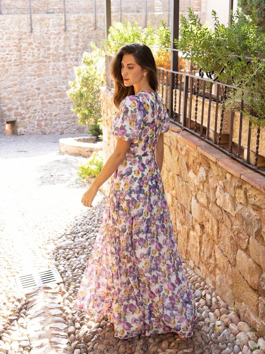 Faeriesty Đầm dạ hội chiffon in họa tiết thanh lịch, cổ tròn buộc dây, tay phồng, dáng suông eo, chân váy xòe - Hoàn hảo cho các bữa tiệc ngoài trời, đám cưới ngoài trời và những buổi hẹn hò lãng mạn. Tiệc mùa xuân. - Màu tím - Xem 1