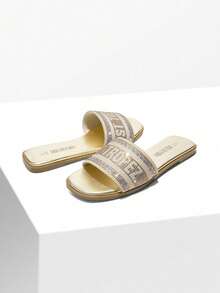 Dream Pairs Women Flat Slides Sandals Slip On Square Open Toe Jacquard Braided Fashion Slides Casual Beach Slippers Summer Vacation Shoes - 金色 - 查看 7
