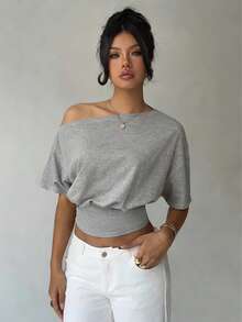 女士不对称针织休闲优雅露肩T恤，适合春夏度假穿着 - 灰色 - 查看 5