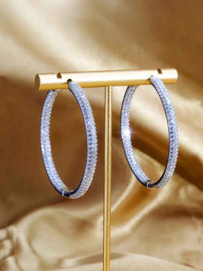 SEQUITO 1对伴娘耳饰镀金首饰密镶小颗闪亮AAA级立方氧化锆订婚银色大号耳环