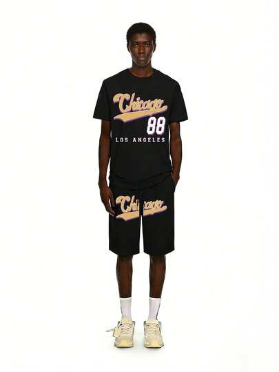 男士夏季时尚数码88印花短袖T恤和短裤两件套休闲装