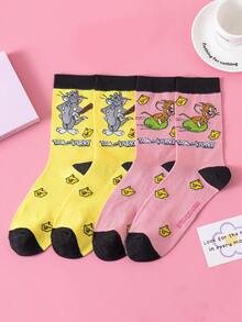 Noctvar OBM Sleepwear X TOM & JERRY 2双猫鼠图案女士中筒袜，可爱卡通爱心设计，趣味老鼠时尚夏季男士袜子，透气休闲船袜，卡通图案，适合学生/成人作为礼物和日常穿着，情侣款 - 彩色 - 查看 3