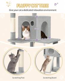 HaluPeit Cat Tree, 174cm, XL, 2 Platforms, 2 Caves, 4 Scratching Posts, 1 Cat Scratching Board, Sisal Rope, Plush Balls, Cat Tree For Multi-Cat Households - Light Grey - View 5