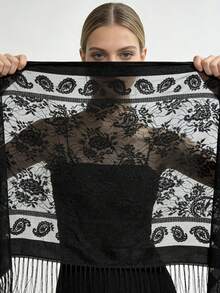 1pc Black Elegant Velvet Fashion Versatile Unique Charming Long Tassel Shawl Scarf, Suitable For Evening Party - Black - View 3