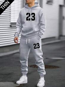 男士春秋季薄款个性化23号印花连帽衫和裤子套装，时尚休闲男装，带口袋，抽绳腰带裤子，适合作为送给丈夫或男友的礼物 - 淺灰色 - 查看 1