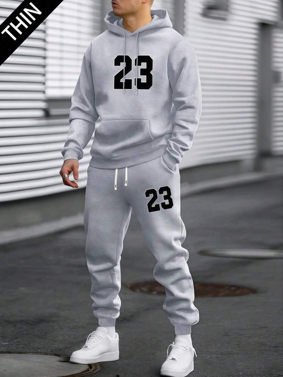 男士春秋季薄款个性化23号印花连帽衫和裤子套装，时尚休闲男装，带口袋，抽绳腰带裤子，适合作为送给丈夫或男友的礼物 - 淺灰色 - 查看 1