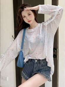 女士星形印花长袖T恤，宽松蝴蝶结设计上衣，春夏返校新品 - 白色 - 查看 4