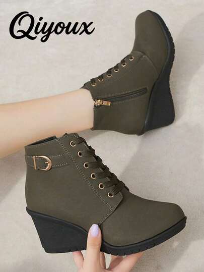 女鞋，韓版時尚休閒厚底高跟鞋，楔形鞋跟，短圓筒，圓頭，適用於春季，夏季和秋季的通用設計