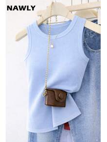 Women's Plain Basic Ribbed Cotton Tank Top, American Style, Summer Blogger Style, Cotton - Màu xanh nhạt trơn - Xem 1